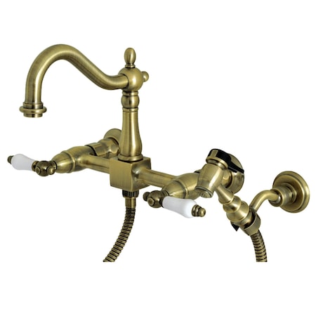Kingston Brass Heritage Wall Mnt Bridge Kitchen Faucet W/Brass Sprayer, Brass KS1263PLBS
